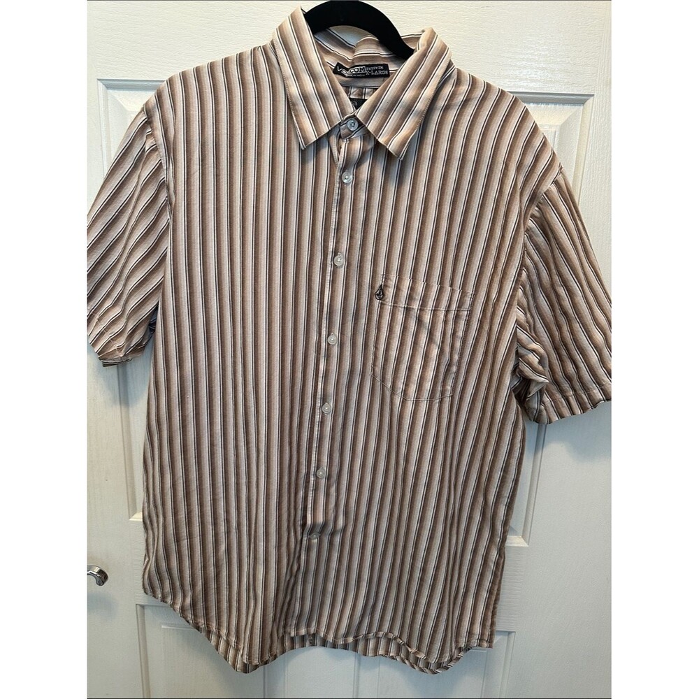 Volcom Men's Short Sleeve Vertical Stripe Button-Down Shirt - Brown & White